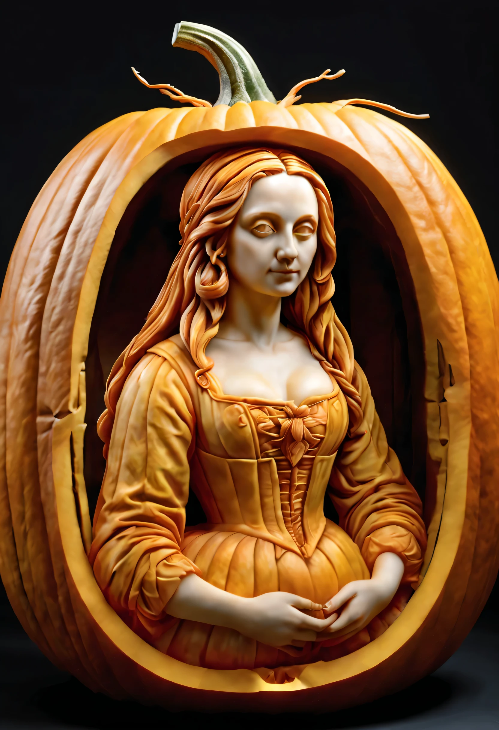 best quality, ultra-detailed, photorealistic,3D rendering, pumpkin carving, Leonardo Da Vinci drawing Monalisa carving