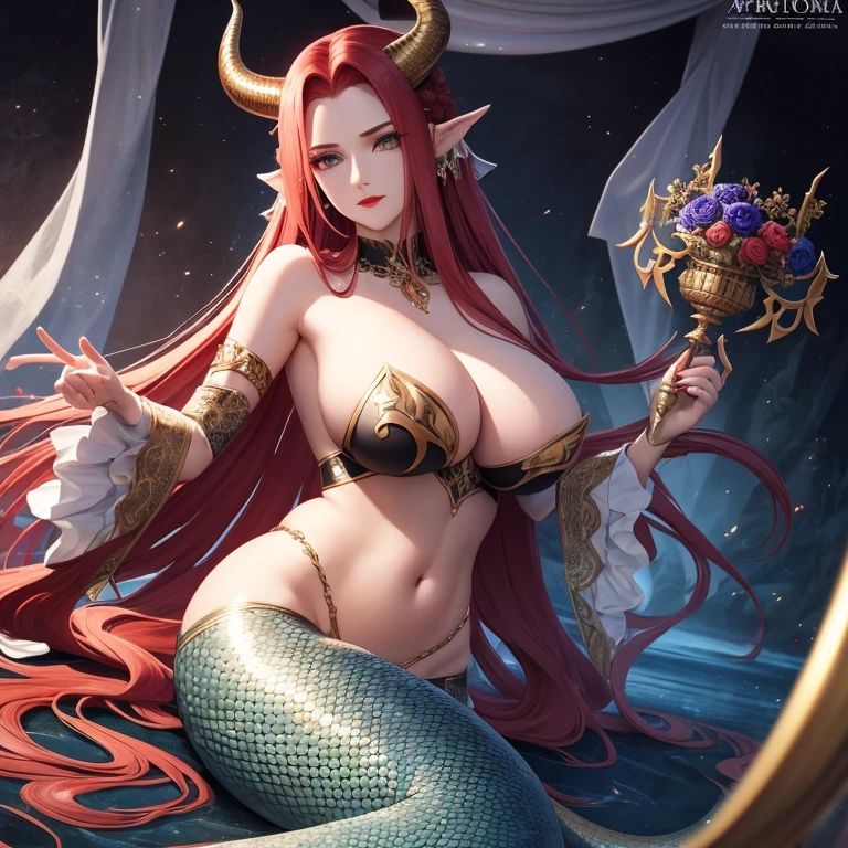 masterpiece,best quality,original photo,high resolution,The Art of Aptrus. queen of demons,has horns on its head, Medusa:1.3,(Mermaid:1.2),(elongated snake tail:1.3),once very beautiful, , enchanting,Big breasts and thin waist, long red hair, sharp black eyes,red lips,Looked up,(Real and detailed hands),((snake scale body)),Full body image,dim lights (Olvik |),Ultra-clear,8k