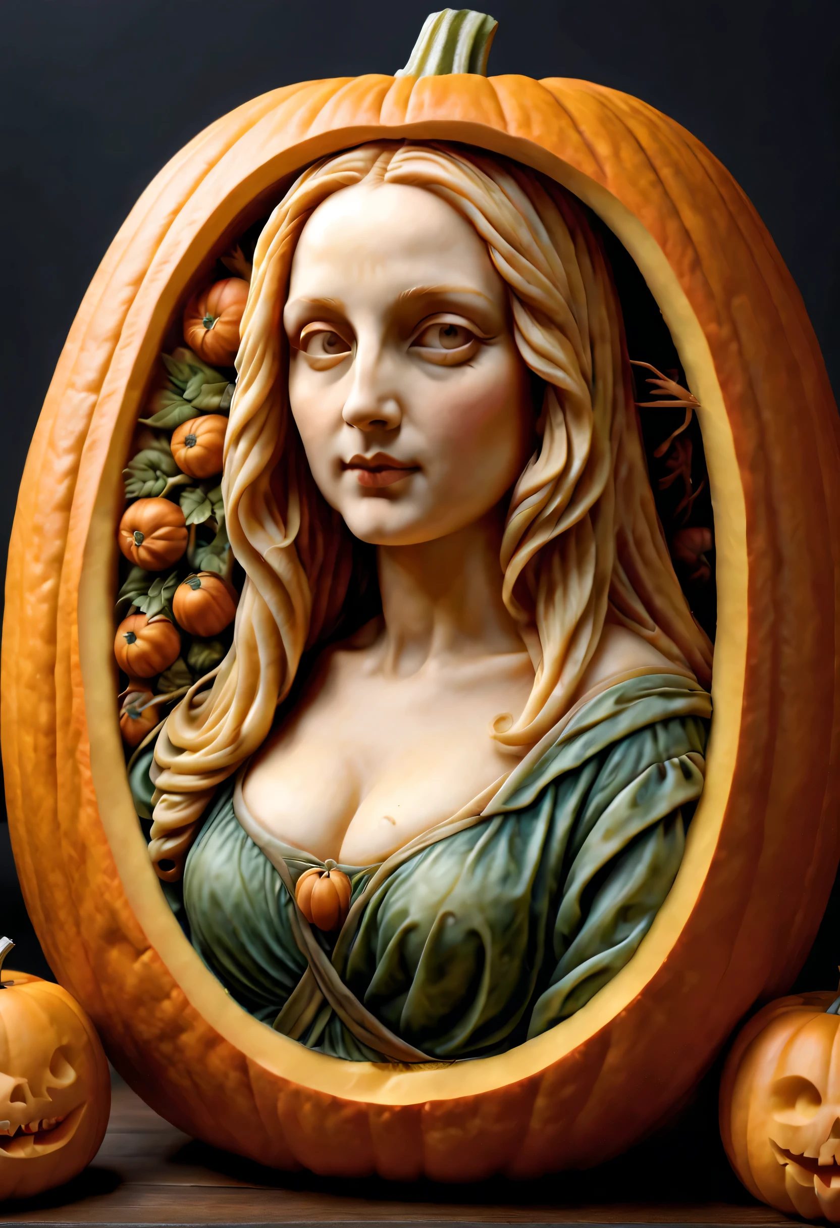 best quality, ultra-detailed, photorealistic,3D rendering, pumpkin carving, Leonardo Da Vinci drawing Monalisa carving