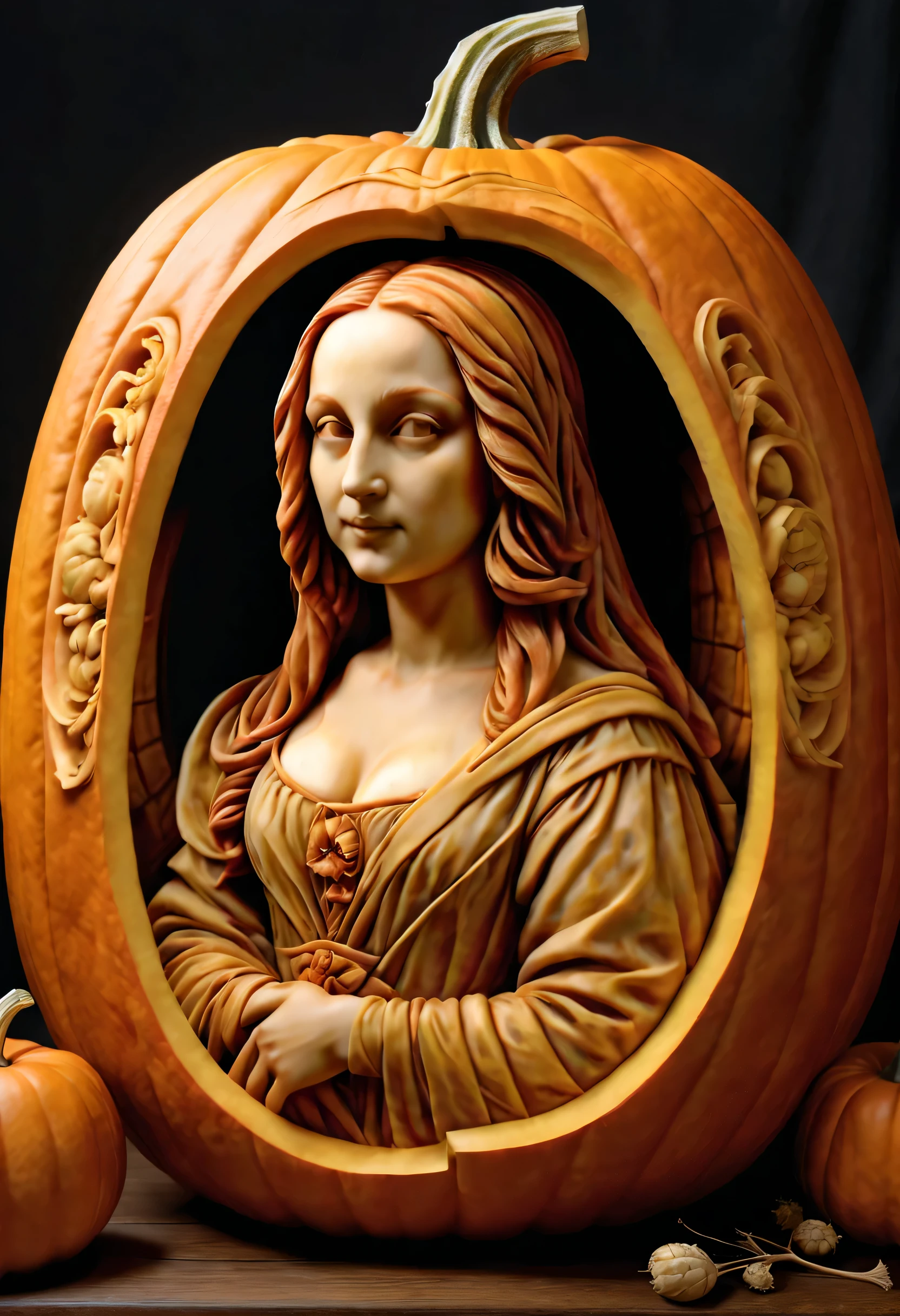 best quality, ultra-detailed, photorealistic,3D rendering, pumpkin carving, Leonardo Da Vinci drawing Monalisa carving