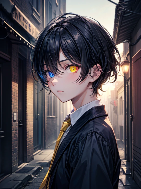 (masterpiece), best quality, high quality, dynamic light, 1boy, upper body, solo, school uniform, (blue tie), (heterochromia), (blue left eye, yellow right eye:1.1), shocked face, (glowing yellow eye), (hairstyle: straight), black hair, middle hair, (hair covers the eye:1.2), night sky, dark alley, horror, from side, side view