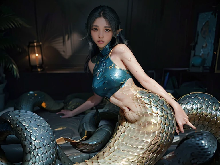 ((best picture quality, 8K, masterpiece:1.3)), 1 girl, Beautiful woman with slim abs:1.3, (casual hairstyle, No leakage:1.2), snake scales:1.1, （Mermaid：1.2），（Elongated snake tail：1.3），Ultra-realistic golden scales，Super thin face, delicate eyes, double eyelids，Smooth and delicate skin，reflective skin，They want，bunk，sitting position，Vision