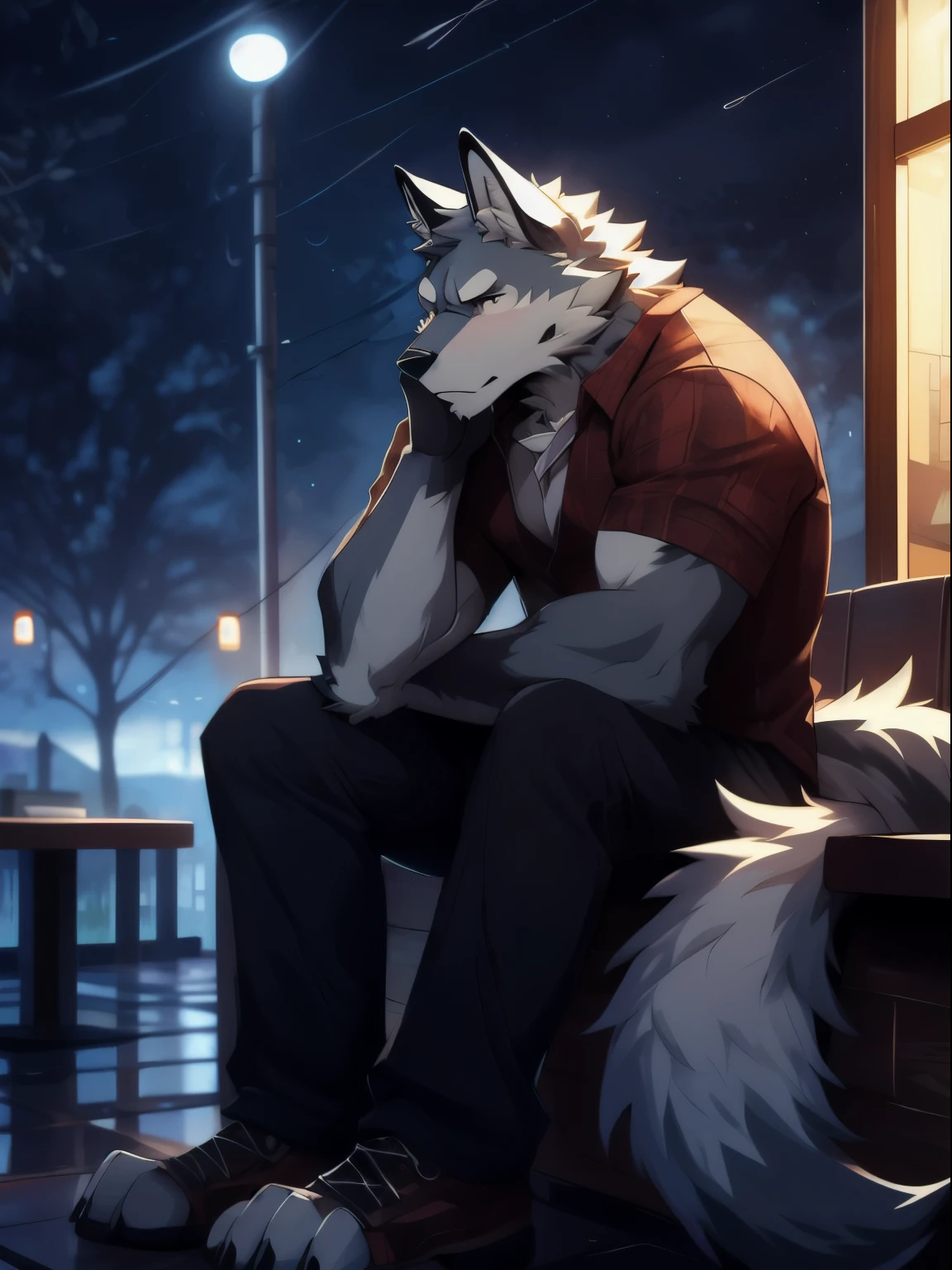 anthro wolf, furry, rain, armed,sad expression,white wolf,, night, handsome, sitting,coffee,coffee shop, masterpiece, casual clothes, 8k, nj5furry