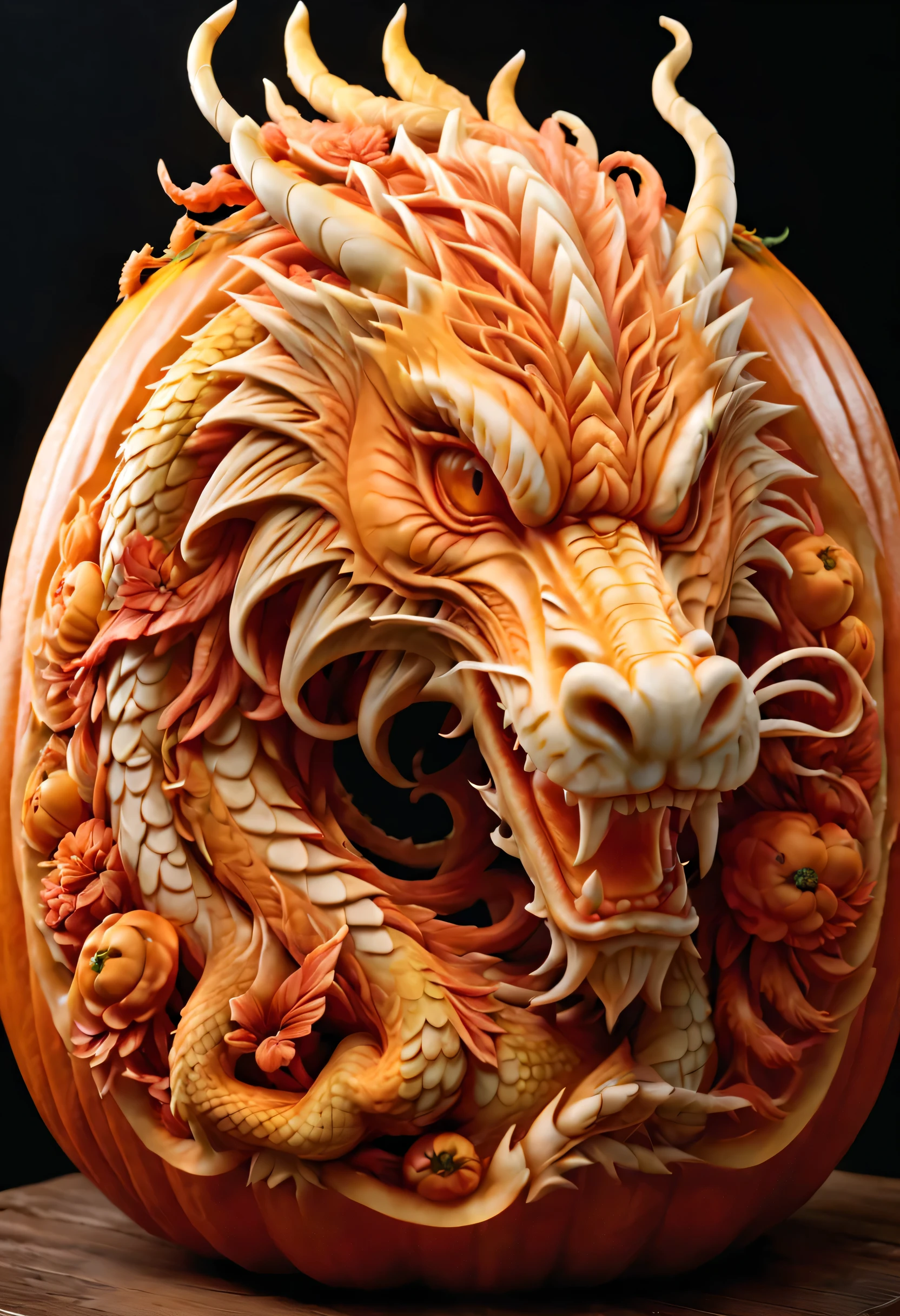 best quality, ultra-detailed, photorealistic,3D rendering, pumpkin carving, Chinese Dragon carving