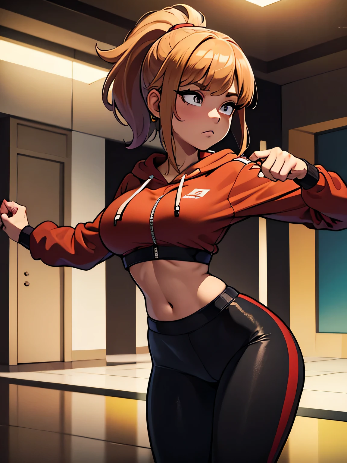 ((masterpiece, best quality)), 1girl, medium hair, ponytail, bangs, strawberry blonde hair, on road, grey eyes, (tan) skin, makeup, athletic, hoody, unzipped open hoody, (((dancing))), cell phone in hand, large breasts, red sports bra, black sports leggings,