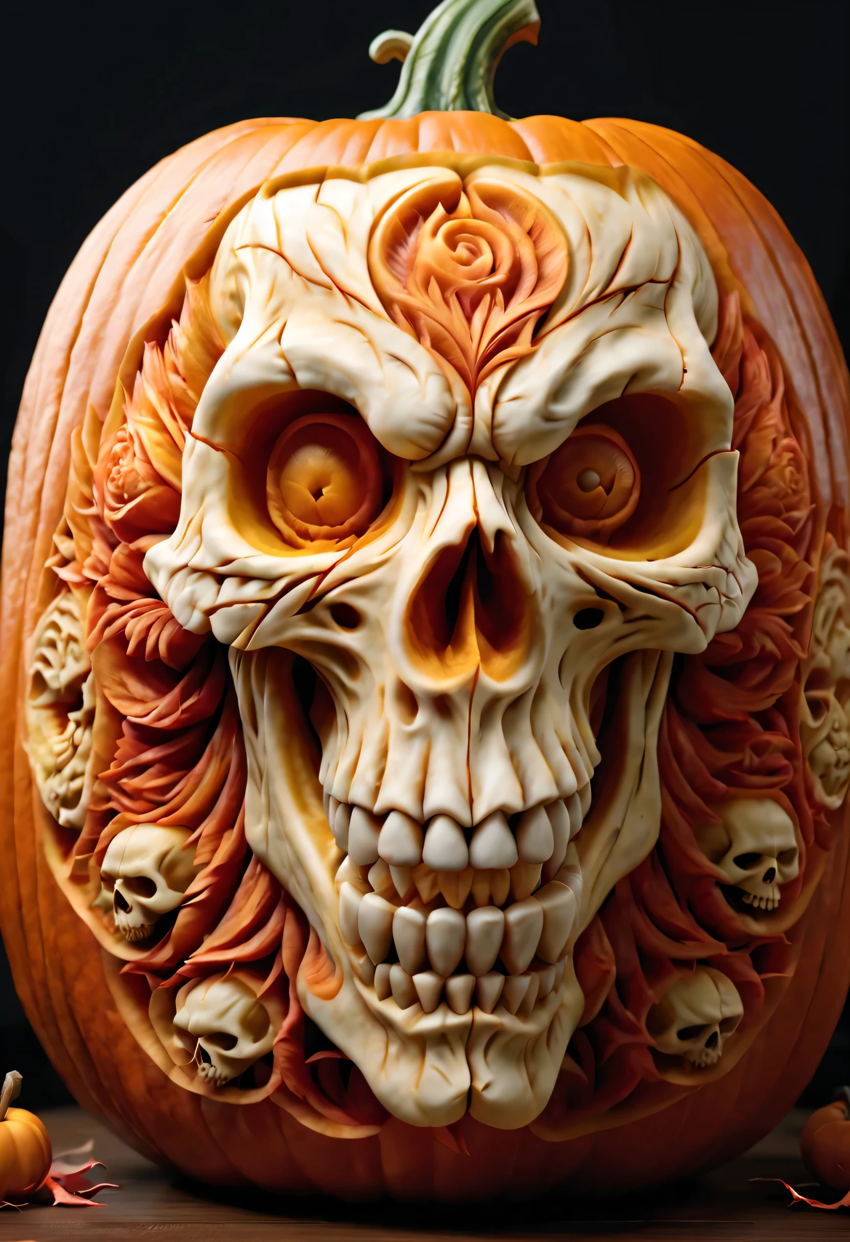 best quality, ultra-detailed, photorealistic,3D rendering, pumpkin carving, Demonic Skull carving