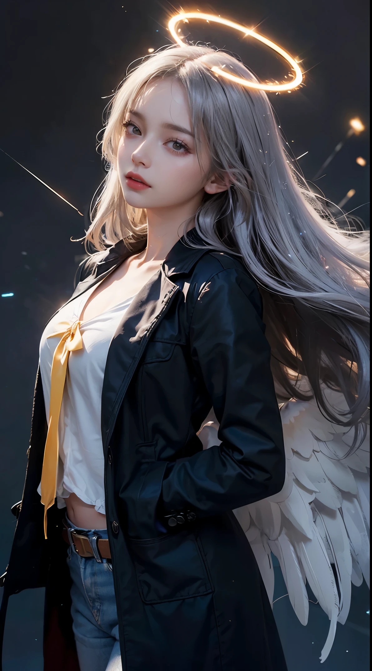 (masterpiece, highest quality:1.3), (super detailed:1.3), 1 girl, alone, (gray hair, messy hair, long hair), (angel wings, angel halo), flat chest, yellow eyes, (white shirt, black tie, black coat, open coat), cowboy shot, cinematic lighting, (((shining light particles))), (turn your arms behind your back), dynamic angle,