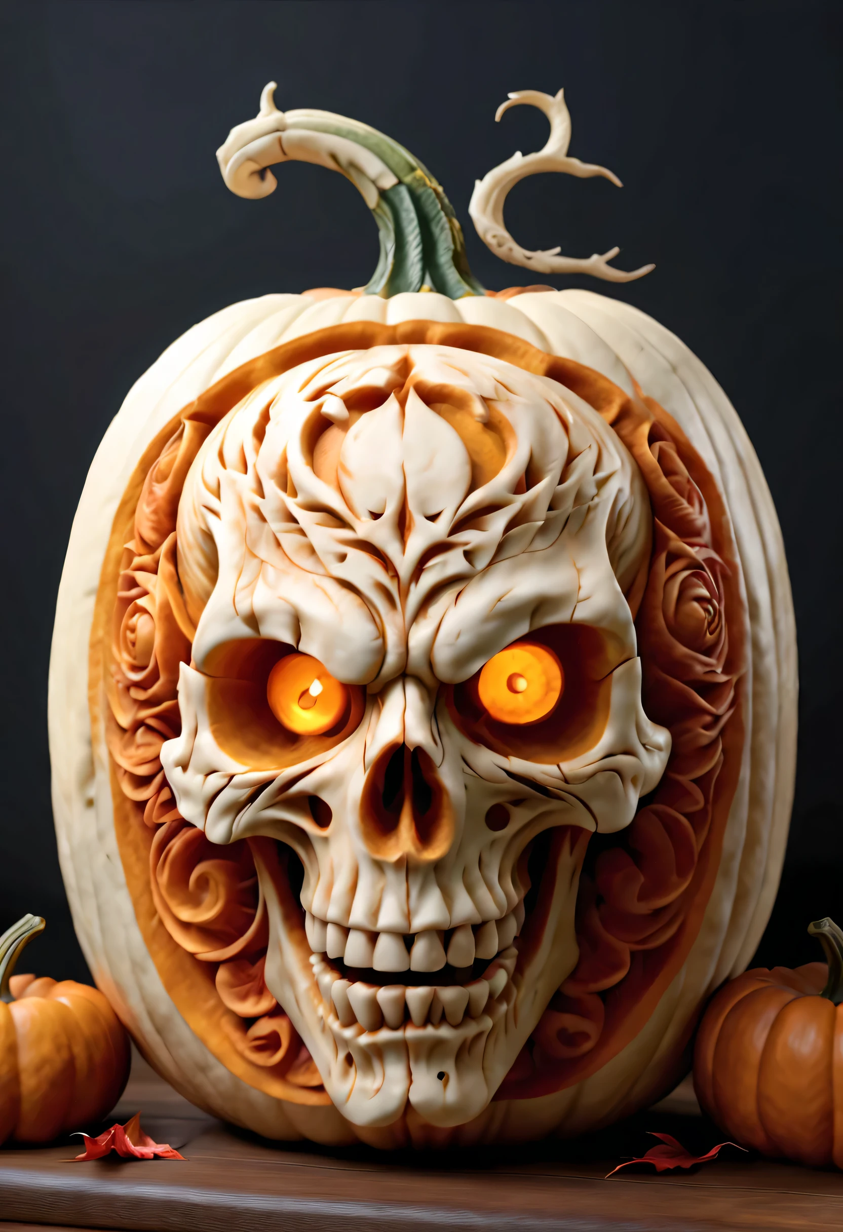 best quality, ultra-detailed, photorealistic,3D rendering, pumpkin carving, Demonic Skull carving