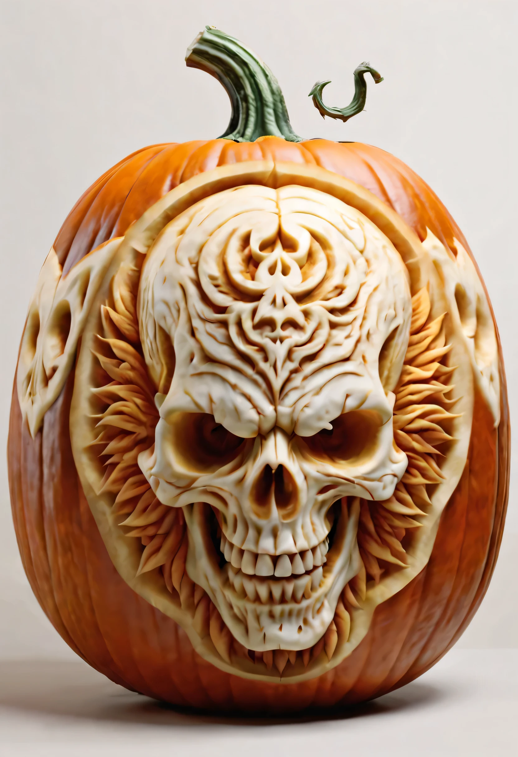 best quality, ultra-detailed, photorealistic,3D rendering, pumpkin carving, Demonic Skull carving