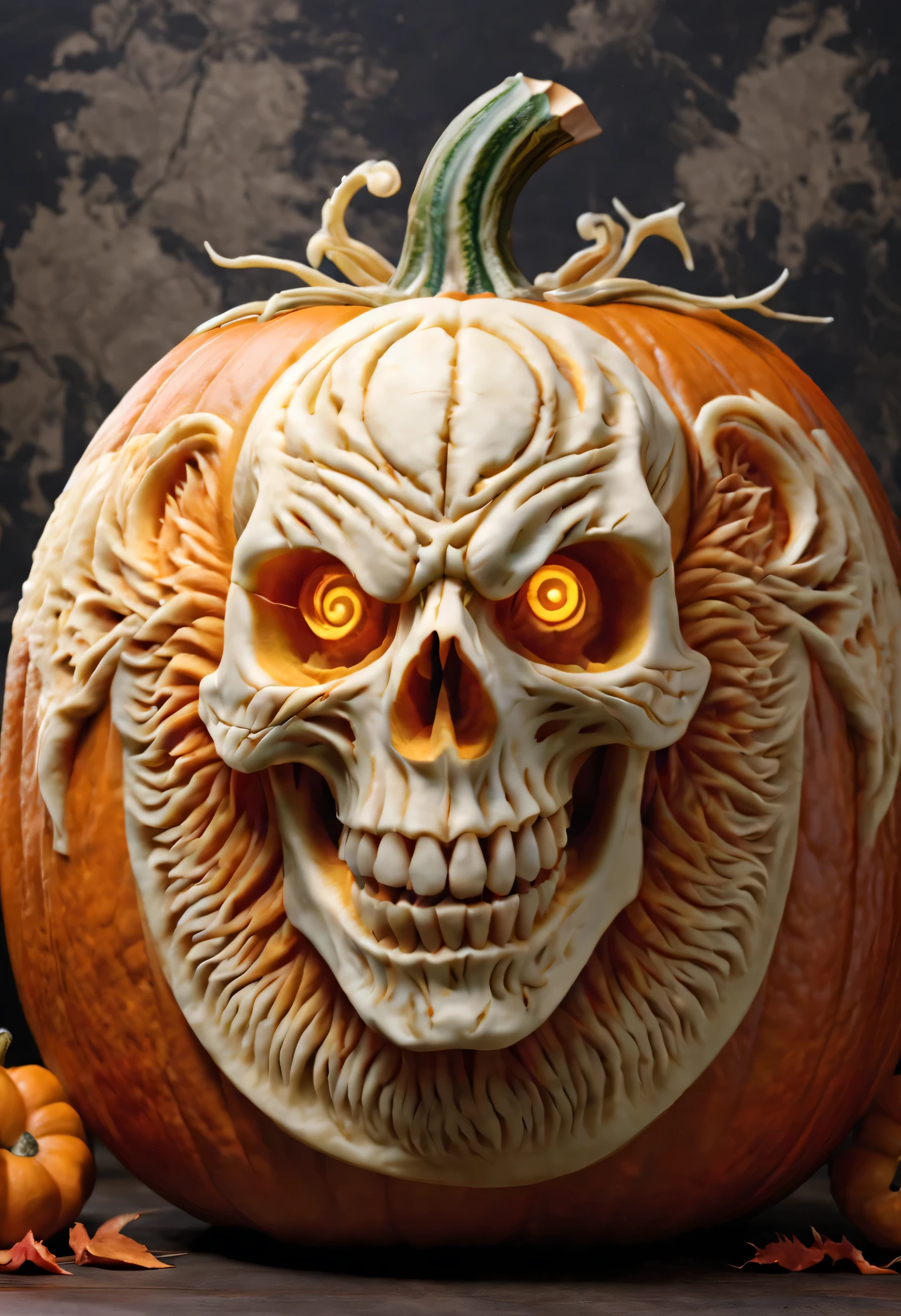 best quality, ultra-detailed, photorealistic,3D rendering, pumpkin carving, Demonic Skull carving