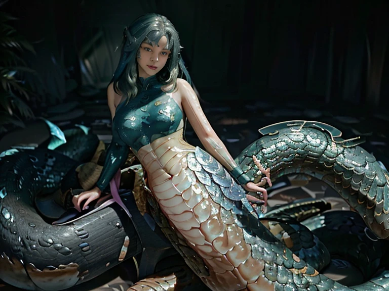 (Mermaid:1.2), (snake tail:1.3),8k ultra high definition,original photo,Snake woman,(python mode),(snake man),(True humans:1.3),(high resolution:1.4),(detailed:1.5),(lifelike:1.7),original photo,portrait photos,scale of reality,long golden hair,original photo,超high resolution,Photorealism,best quality,(High detail skin,Skin details),Visible pores,shiny skin,masterpiece,fine details,Coloring,extremely delicate and beautiful,Extremely detailed 8K wallpapers,8K high quality,SLR camera,snake man少女,Beautiful details,(looking at the audience),Professional photography lighting,Vision,full body lesbian,panoramic
