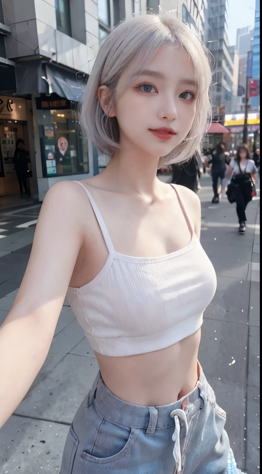 best image quality、RAW photo、ultra high resolution、21 years old Korean、small breasts、dynamic angle、cowboy shot、the most beautiful form chaos、elegant、innovative design、innovative design、vivid colors、beautiful white hair、short bob、smile、glossy white skin、beautiful eyes with random colors、Very beautiful eyes in every detail、thin lips、detailed beautiful eyes、elongated eyes、pale pink cheeks、long eyelashes、beautiful double eyelids、eye shadow、city、black crop top、baggy pants、shot from the side、sexy pose、point your finger up、walk
