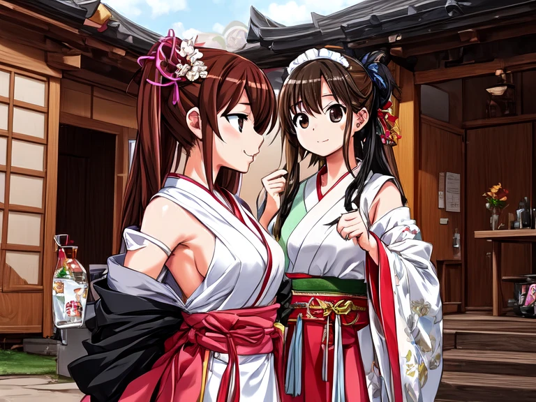 Girls playing the role of maids wearing Heian period costumes stand smiling at a rural shrine.。