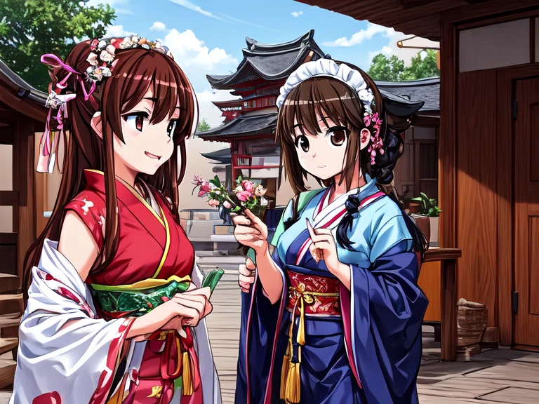 Girls playing the role of maids wearing Heian period costumes stand smiling at a rural shrine.。