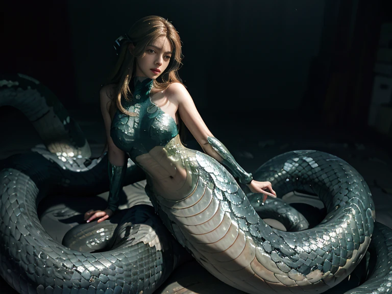 (Mermaid:1.2), (snake tail:1.3),8k ultra high definition,original photo,Snake woman,(python mode),(snake man),(True humans:1.3),(high resolution:1.4),(detailed:1.5),(lifelike:1.7),original photo,portrait photos,scale of reality,long golden hair,original photo,超high resolution,Photorealism,best quality,(High detail skin,Skin details),Visible pores,shiny skin,masterpiece,fine details,Coloring,extremely delicate and beautiful,Extremely detailed 8K wallpapers,8K high quality,SLR camera,snake man少女,Beautiful details,(looking at the audience),Professional photography lighting,Vision,full body lesbian,panoramic