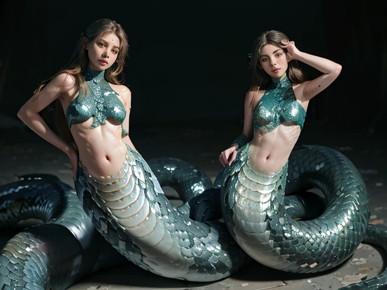 (Mermaid:1.2), (snake tail:1.3)，8k ultra high definition，original photo，Snake woman，（python mode），（snake man），(True humans:1.3)，(high resolution:1.4)，(detailed:1.5)，(lifelike:1.7)，original photo，portrait photos，scale of reality，long golden hair，original photo，超high resolution，Photorealism，best quality，(High detail skin，Skin details)，Visible pores，shiny skin，masterpiece，fine details，Coloring，extremely delicate and beautiful，Extremely detailed 8K wallpapers，8K high quality，SLR camera，snake man少女，Beautiful details，(looking at the audience)，Professional photography lighting，Vision，full body lesbian，panoramic