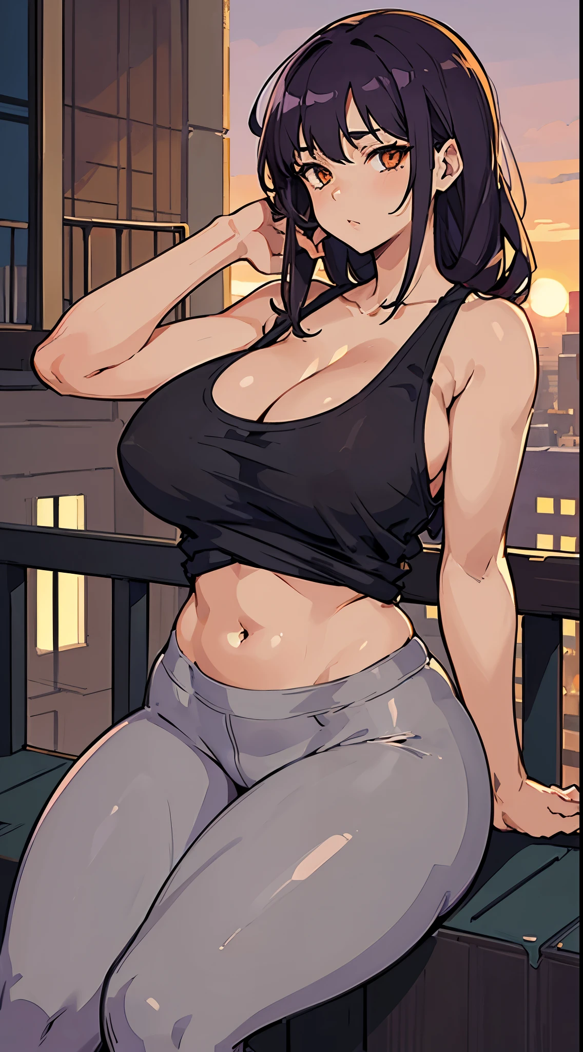 (masterpiece), high-definition, girl, big boobs, cleavage, big hips, messy dark purple hair, orange eyes, grey tanktop, grey leggins, balcony, leaning on the railing, sunset