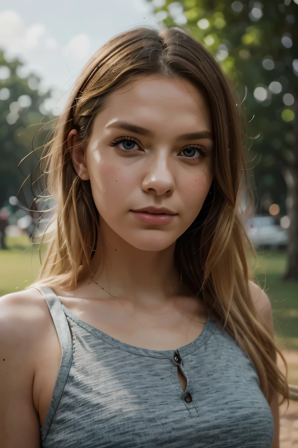 one standing Katerina Elizaveta looking at camera, 18 years old, short blond hair blowing in the wind, dark blue eyes, eye makeup, detailed skin, human hair, wearing a sun dress in the park, (extremely detailed face:1.5), (matte:1.7), 8k post-production, Sony A7 III, (EF [85mm:400mm:0.20] lens:1.6), (f/32 aperture:1.6), (noise:-0.3), (film grain:-0.2), (realistic:1.5), ([HDR|Tone-Mapping]:1.4), masterpiece, high quality