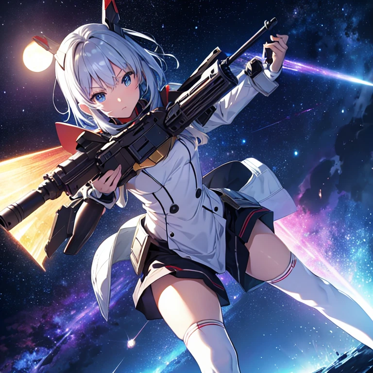 (Masterpiece, best quality, ultra detailed), gundam, beam rifle, 3d cg, space, moon, stars.