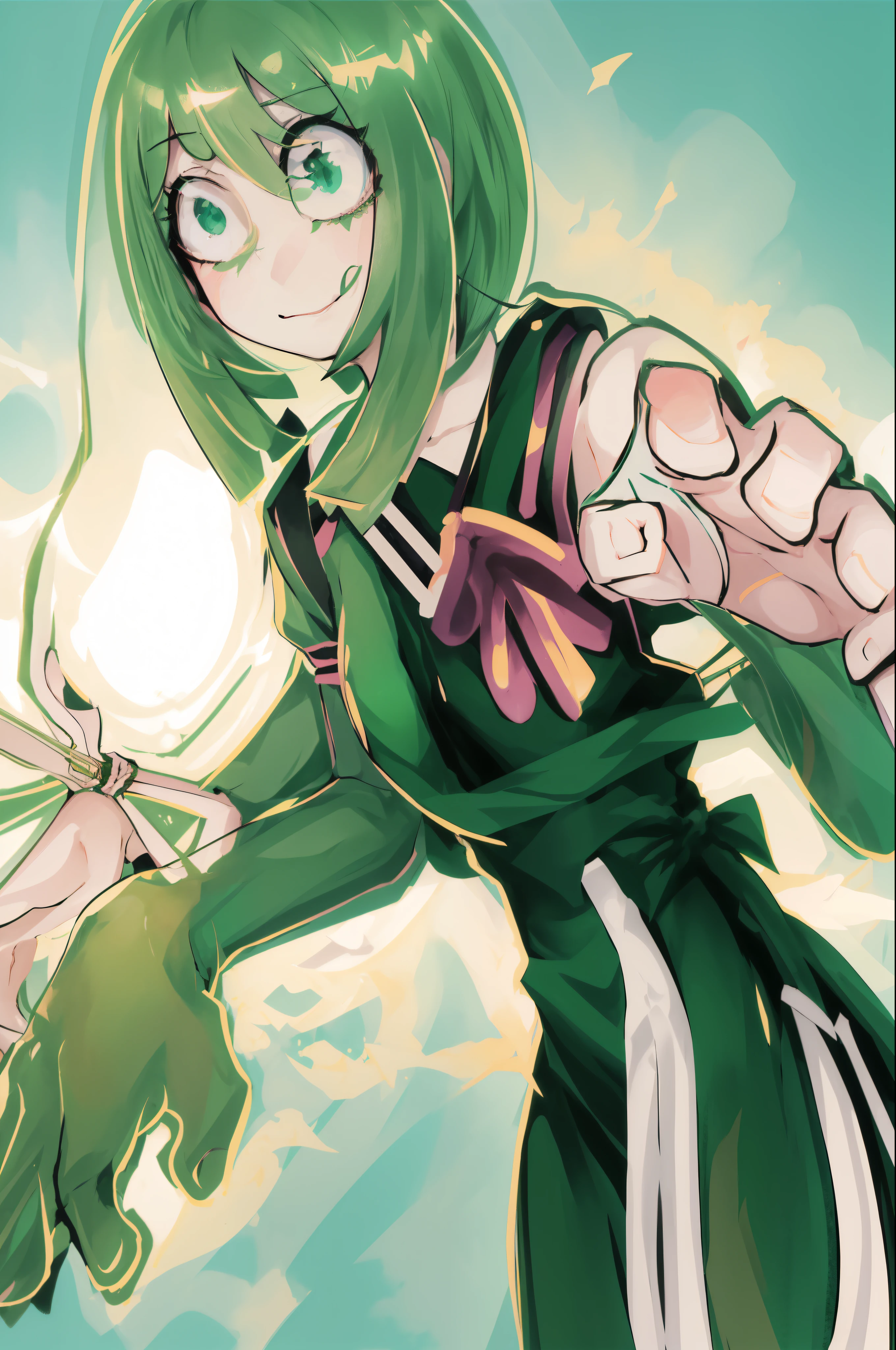 there is a drawing of a woman in a green dress, fighting pose, anime pose, anime style, anime style, anime Mo artstyle, Very anime style, with index finger, people in the shadows!!!, inspired by Jin Homura, fighting pose, in japanese anime style, inspired by Rei Kamoi, inspired by Unichi Hiratsuka