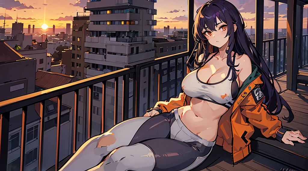 (masterpiece), high-definition, girl, big boobs, cleavage, big hips, messy dark purple hair, orange eyes, grey tanktop, jacket, grey leggins, balcony, leaning on the railing, sunset