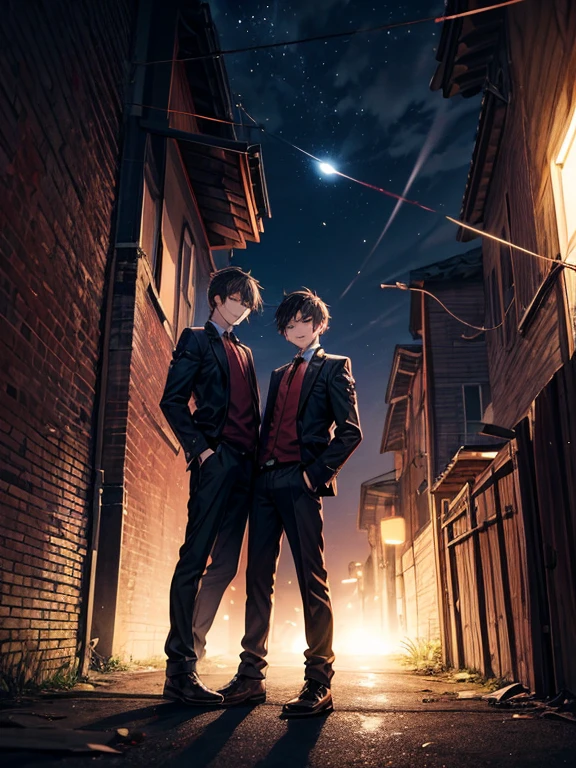 (masterpiece), best quality, high quality, dynamic light, boys, group of boys, sadistic eyes, smirking, holding knife in hand, night sky, dark alley, horror