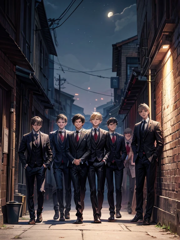 (masterpiece), best quality, high quality, dynamic light, boys, group of boys, sadistic eyes, smirking, holding knife in hand, night sky, dark alley, horror