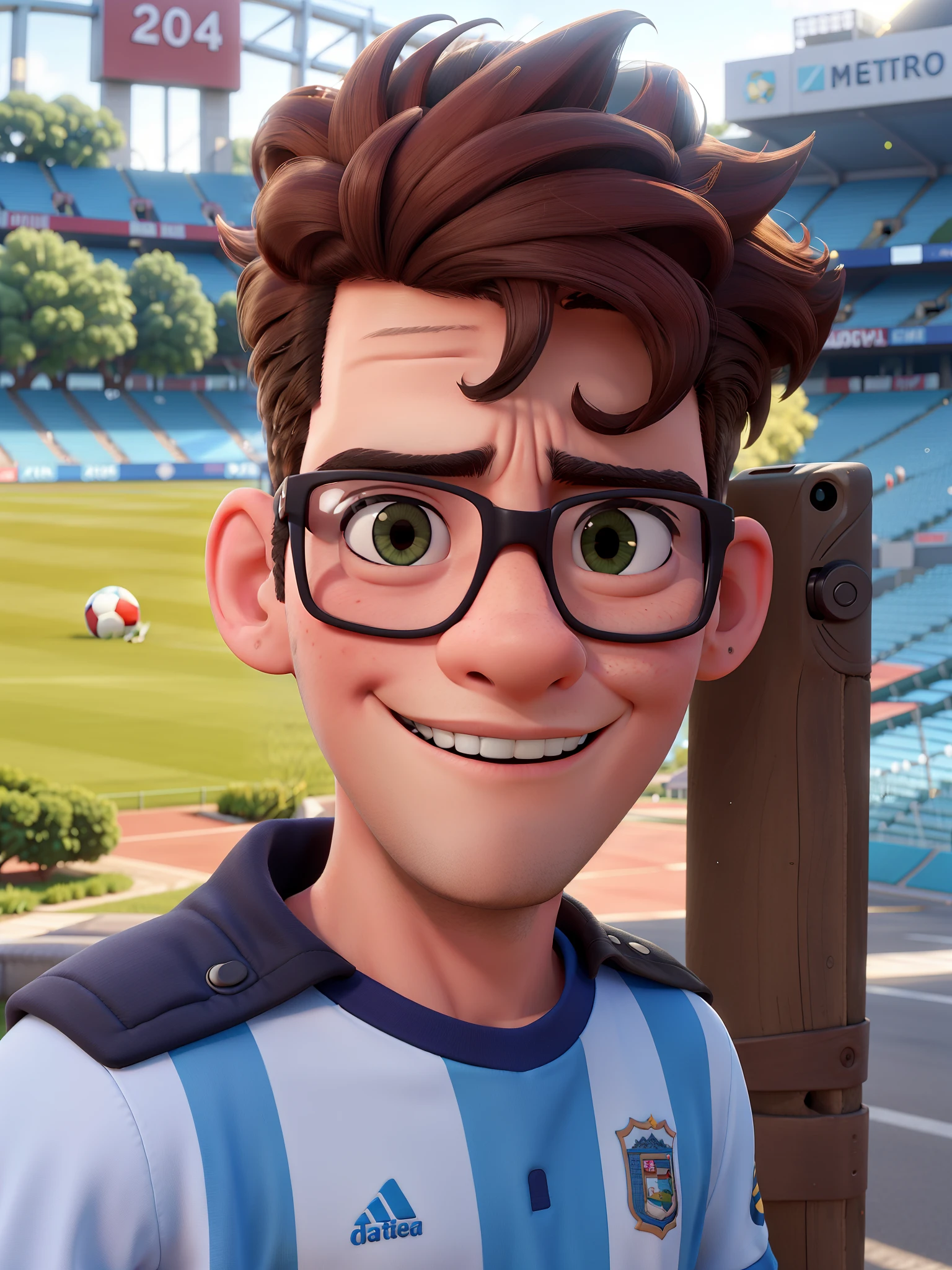 there a 22 year boy that wearing glasses and Argentina Jersey , in front of a stadium background, with accurate face, very very low quality picture, very accurate photo, 8k selfie photograph, shot on nikon z9, assamese aesthetic, taken with sony alpha 9, very clear picture, selfie photo, face picture, candid picture, without helmet
