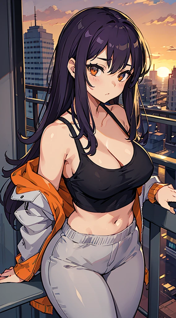 (masterpiece), high-definition, girl, big boobs, cleavage, big hips, messy dark purple hair, orange eyes, grey tanktop, jacket, grey leggins, balcony, leaning on the railing, sunset