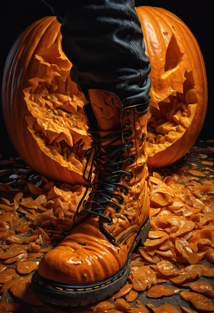(best quality,extremely detailed),
((a boot "crushing a pumpkin" carving))),
with force,
powerful,
destructive,
gritty texture,
detailed pumpkin seeds,
vibrant orange color,
shattered pumpkin flesh,
dynamic composition,
top-down perspective,
dramatic lighting,
high contrast,
oil painting style.