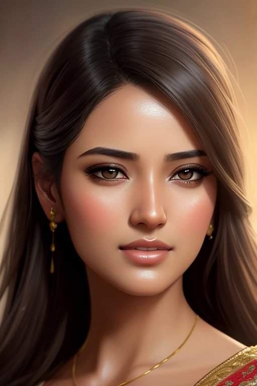 realistic closeup model portrait, a beautiful woman, painted background, studio portrait, soft light, rim lighting, twinkle in the eyes, bokeh background, painterly, wearing saree, in different style, full body image, Miki Asai Macro photography, close-up, hyper detailed, trending on artstation, sharp focus, studio photo, intricate details, highly detailed, by greg rutkowski