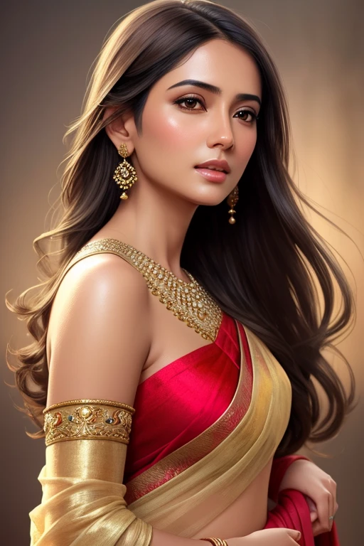 realistic closeup model portrait, a beautiful woman, painted background, studio portrait, soft light, rim lighting, twinkle in the eyes, bokeh background, painterly, wearing saree, in different style, full body image, Miki Asai Macro photography, close-up, hyper detailed, trending on artstation, sharp focus, studio photo, intricate details, highly detailed, by greg rutkowski