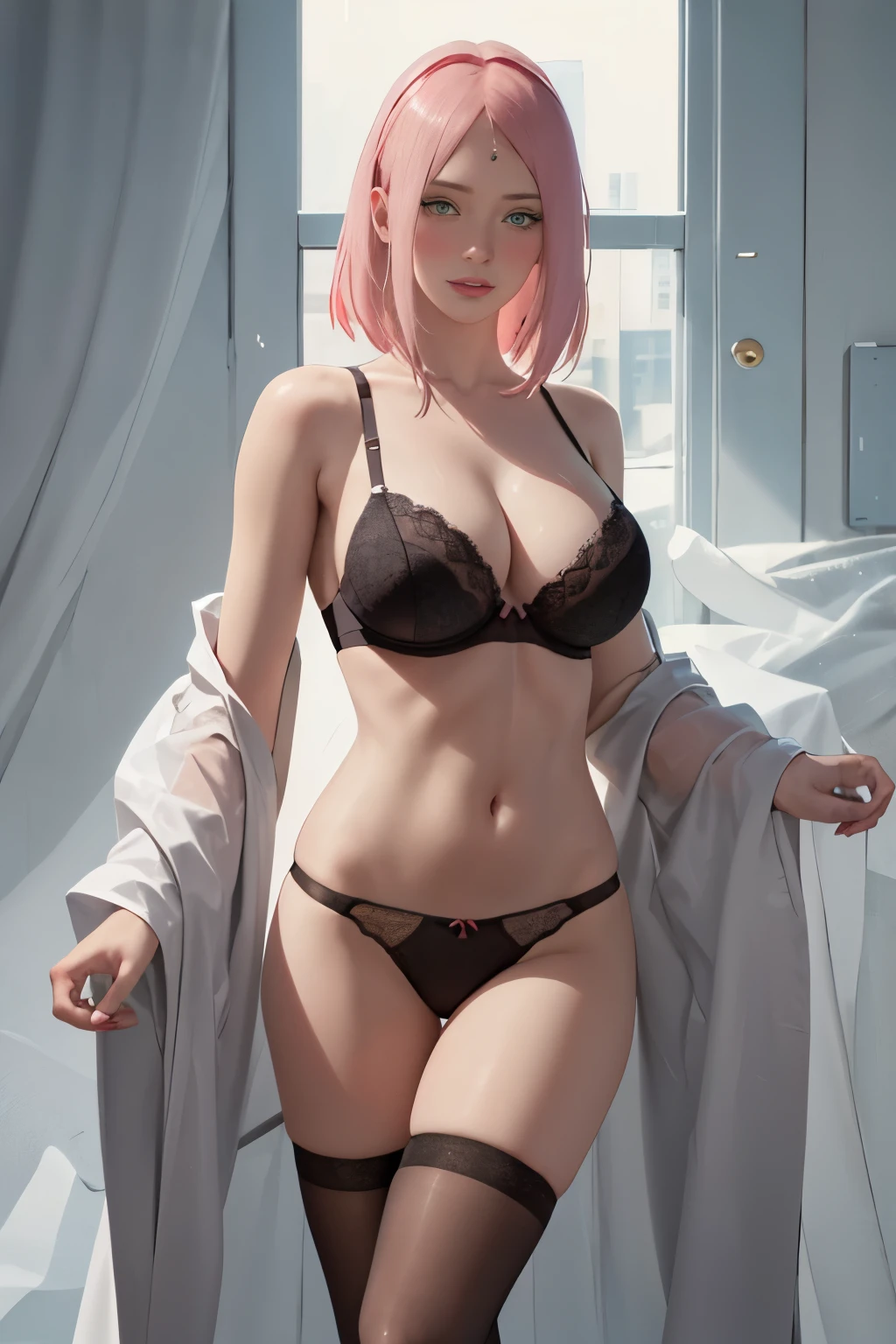 masterpiece, absurdres, sakura\(boruto\), 1girl, solo,mature female, black bra and black detailed linjerie, black thong detailed lenjerie, looking at viewelling petals), perfect composition, detailed lips, big breast, beautiful face, body propotion, blush, (pink lips), long hair,  green eyes,  soft gaze,  super realistic, detailed, photoshoot, realistic face and body, thighhighs, provocative pose 