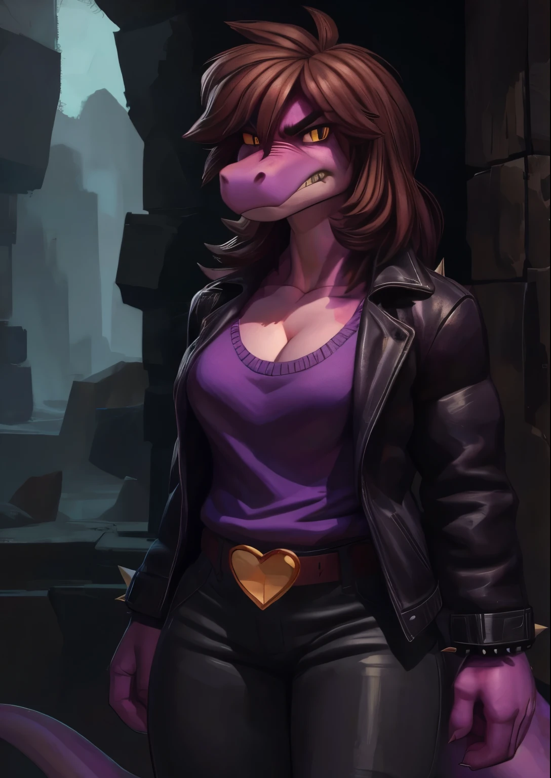 [susie], [Deltarune], [Uploaded to e621.net; (Pixelsketcher), (wamudraws), (woolrool)], ((masterpiece)), ((HD)), ((high res)), ((solo portrait)), ((front view)), ((scalie; anthro)), ((detailed fur)), ((detailed shading)), ((beautiful render art)), ((intricate details)), {anthro dinosaur; (athletic figure), purple scales, (reptile snout), (cute yellow eyes), (black pupil), (bags under eyes), (short eyelashes), (long messy brown hair), long lizard tail, (defined muscles), (medium boobs), (curvy hips), (thick thighs), (beautiful legs), (angry), (annoyed expression)}, {(black leather jacket), (purple shirt), (cleavage), (baggy hot-pink pants), (black boots), (gold heart-shaped belt buckle), (spiky bracers)}, {(standing), (arms at side), (looking at viewer)}, [background; (dark-purple cave), (cavern), (ruins), (ambient lighting)]