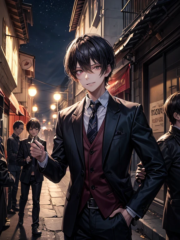 (masterpiece), best quality, high quality, dynamic light, boys, group of boys,  upper body, face focus, sadistic eyes, smirking, holding knife in hand, night sky, dark alley, horror