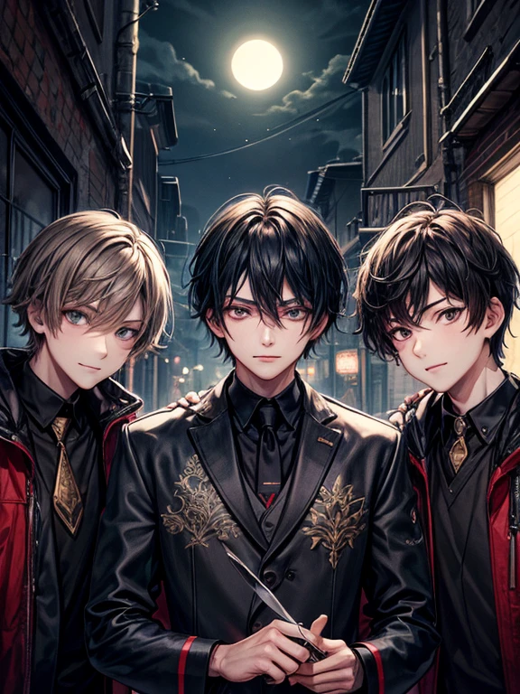 (masterpiece), best quality, high quality, dynamic light, boys, group of boys, upper body, face focus, sadistic eyes, smirking, holding knife in hand, night sky, dark alley, horror