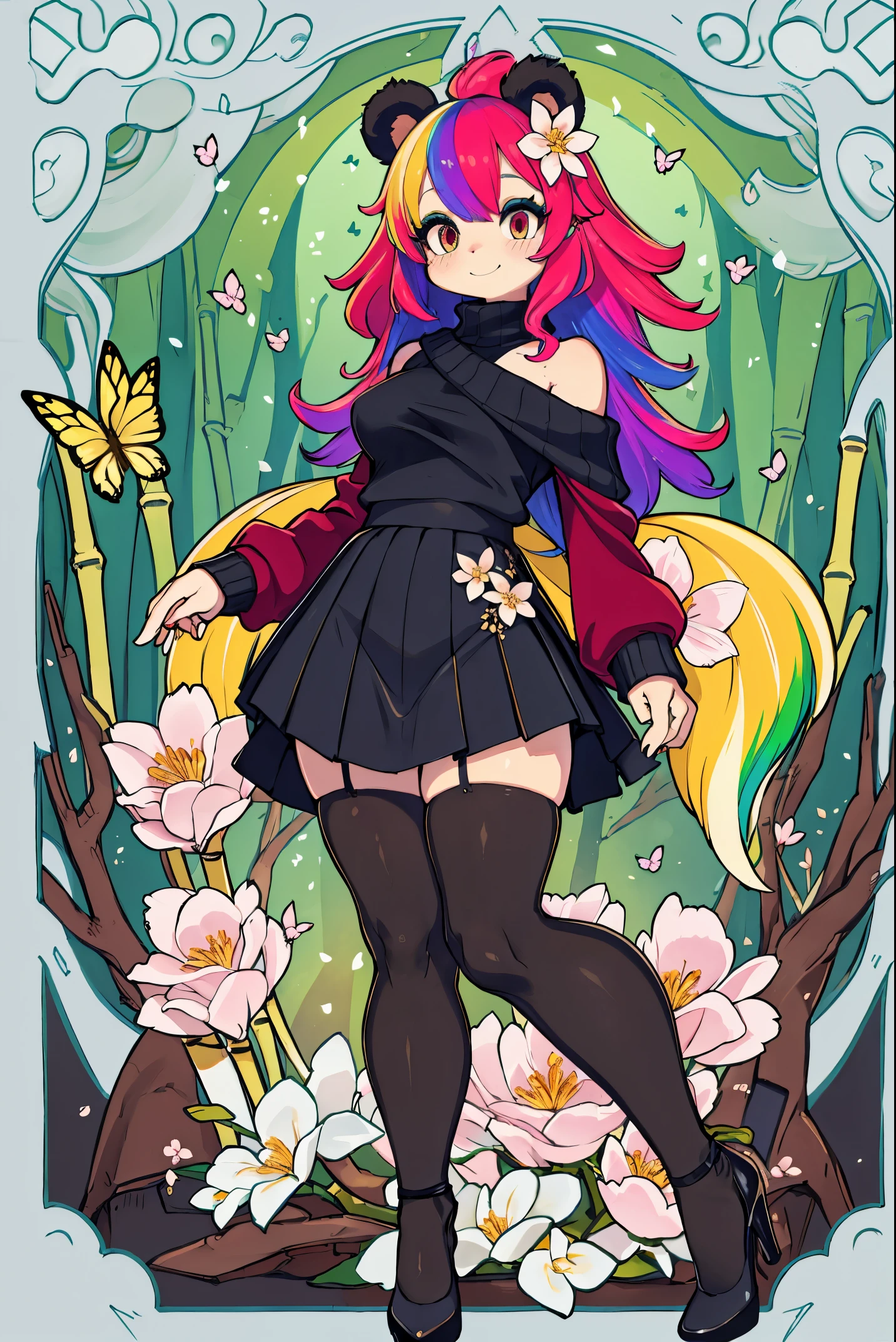 (masterpiece), best quality, expressive eyes, perfect face, 8k, panda girl, smile, (((rainbow hair))), (curly hair)), ((human face)), [small breast:1.1], waist:1.3, 
BREAK, 
Knitted off-the-shoulder sweater, paired with a satin mini skirt and (opaque tights), combination of textures creates a cozy yet flirtatious outfit perfect for cooler weather, stiletto heels,
BREAK,
((bamboo forest adorned with colorful blossoms)), where butterflies flutter around, creating a scene of pure fantasy and natural beauty,