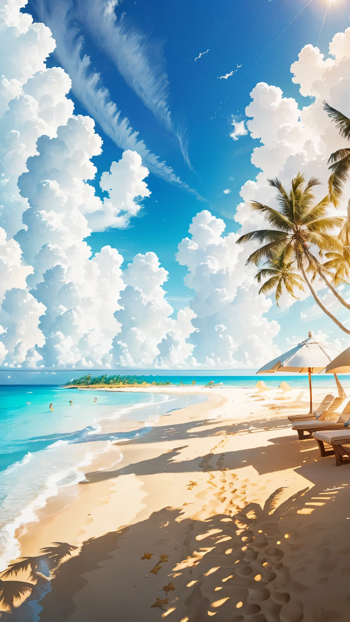 on an island paradise, a golden sandy beach stretches gently into the crystal clear ocean waters. Majestic coconut trees sway to the gentle rhythm of the breeze, creating dancing shadows over visitors relaxing on their sun loungers. The blue sky is dotted with white clouds, e ao longe, the silhouette of other islands adds a touch of mystery to this idyllic setting.