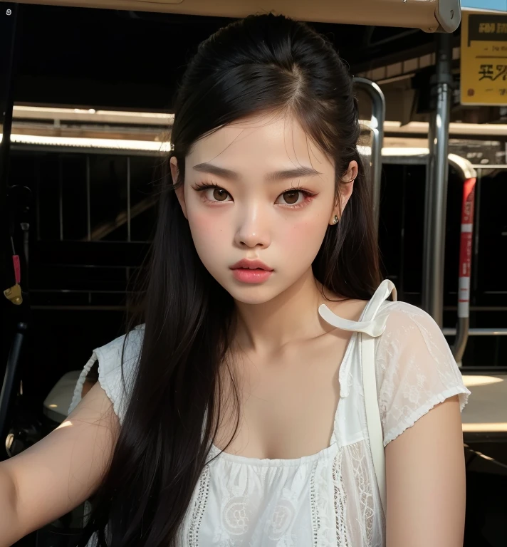 there is a woman that is sitting down with a cell phone, jennie blackpink, portrait of jossi do blackpink, young pale and beautiful asian face, parque roseanne de blackpink, tzuyu de duas vezes, fotografia selfie 8k, gongbi, jossi do blackpink, Jisoo do Blackpink, a young Asian woman, Jisoo do Blackpink, Heonhwa Choe