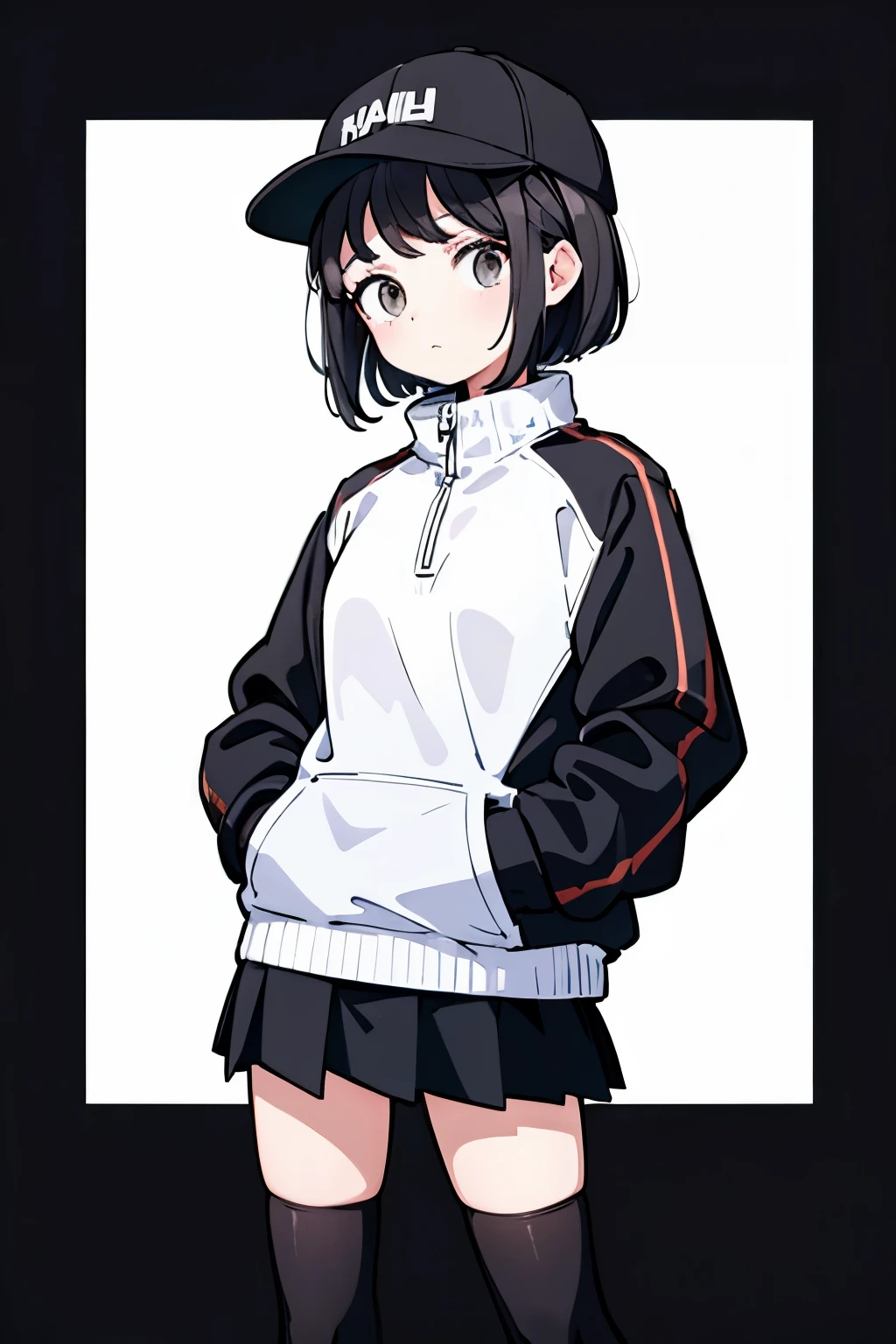 (((masterpiece, illustration, best quality))), 1girl, solo, (looking down:1.3), short hair, ((black hair)), standing, ((baseball cap)), white headwear, upper body, black jacket, Closed sweater, ((Scenenary:white background)), black socks, (black shirt), perfect body, fit body, (closed mouth), li, (hands in pockets), waterproof jacket, skirt white