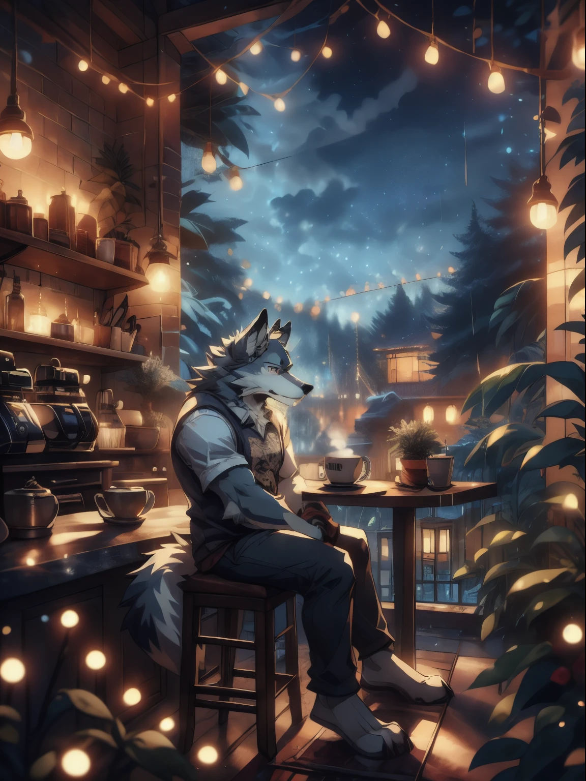 anthro wolf, furry, rain, armed,sad expression,white wolf,, night, handsome, sitting,coffee,coffee shop, masterpiece, casual clothes, 8k, nj5furry