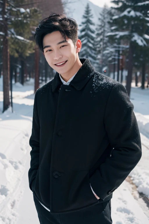 Top quality, 8k, solo, masterpiece, a handsome man, asian man, black hair , blown eyes, smiling , 23 years-old, hairstyle showing forehead, standing in a snowy landscape, Place right hand behind head
