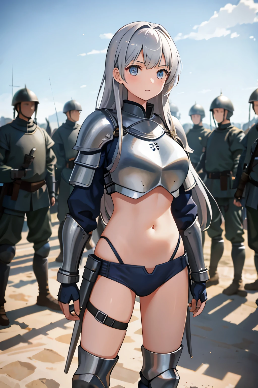 A girl wearing armor stands in front of a large group of soldiers..、Medieval soldiers、girl exposing her belly button、Girl with long silver hair