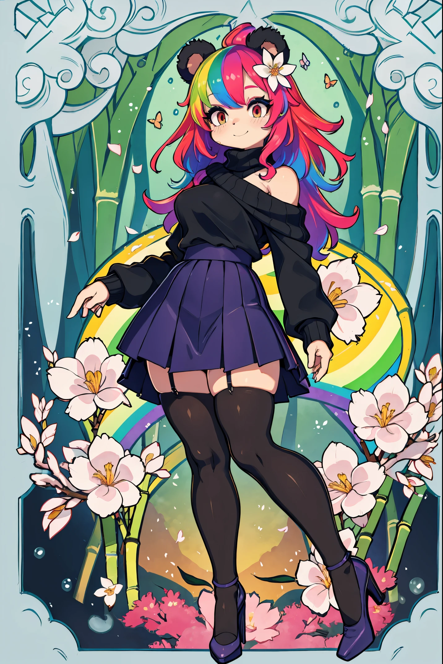 (masterpiece), best quality, expressive eyes, perfect face, 8k, panda girl, smile, (((rainbow hair))), (curly hair)), ((human face)), [small breast:1.1], waist:1.3, 
BREAK, 
Knitted off-the-shoulder sweater, paired with a satin mini skirt and (opaque tights), combination of textures creates a cozy yet flirtatious outfit perfect for cooler weather, stiletto heels,
BREAK,
((bamboo forest adorned with colorful blossoms)), where butterflies flutter around, creating a scene of pure fantasy and natural beauty,