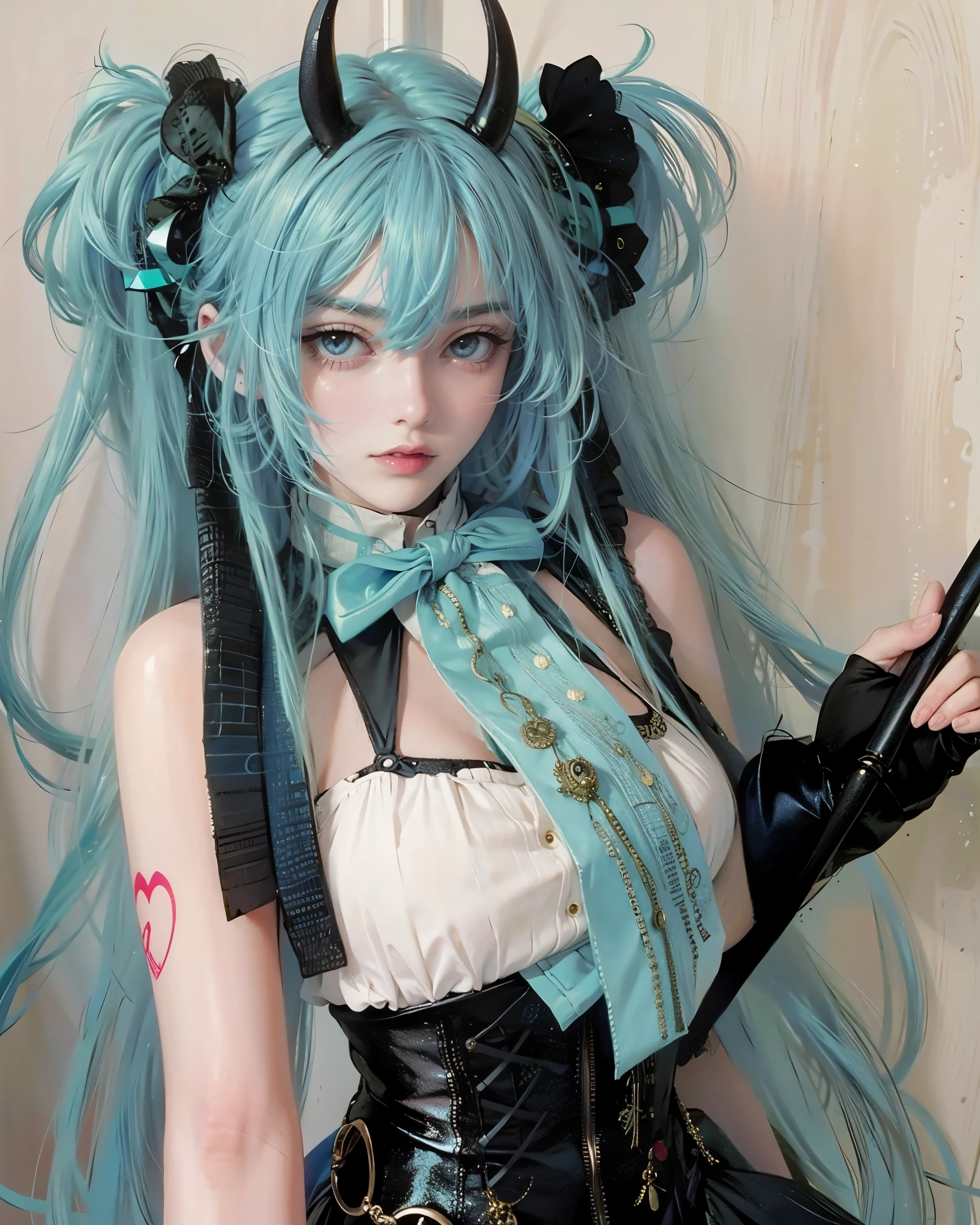 tmasterpiece，Best quality at best，the Extremely Detailed CG Unity 8K Wallpapers，In the daytime， White skin of the，long eyelasher, Long hair and waist，Pitch-black hair, Gradient hair, The ends of the hair are blue-green，Turquoise eyes，hair straight, Beautiful long neck, frontage，The upper part of the body，Jewel-like eyes，Extremely beautiful，Fair face，Light eyebrows，bit girl