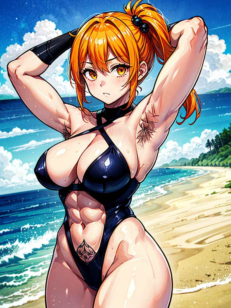 （（（masterpiece、Highest image quality、highest quality、highly detailed unity 8ｋwallpaper）））、（（Illustration of one girl））、（（（beautiful girl）））、（（orange hair、side ponytail、sidelocks：1.4、orange eyes））、（（（stocky build：1.5, thickset physique：1.6, muscular legs, broad shoulders, solid chest：1.5）））、（（（orange hairy armpits：1.4）））、(armpit hair:1.4)、swimsuit、sandy beach