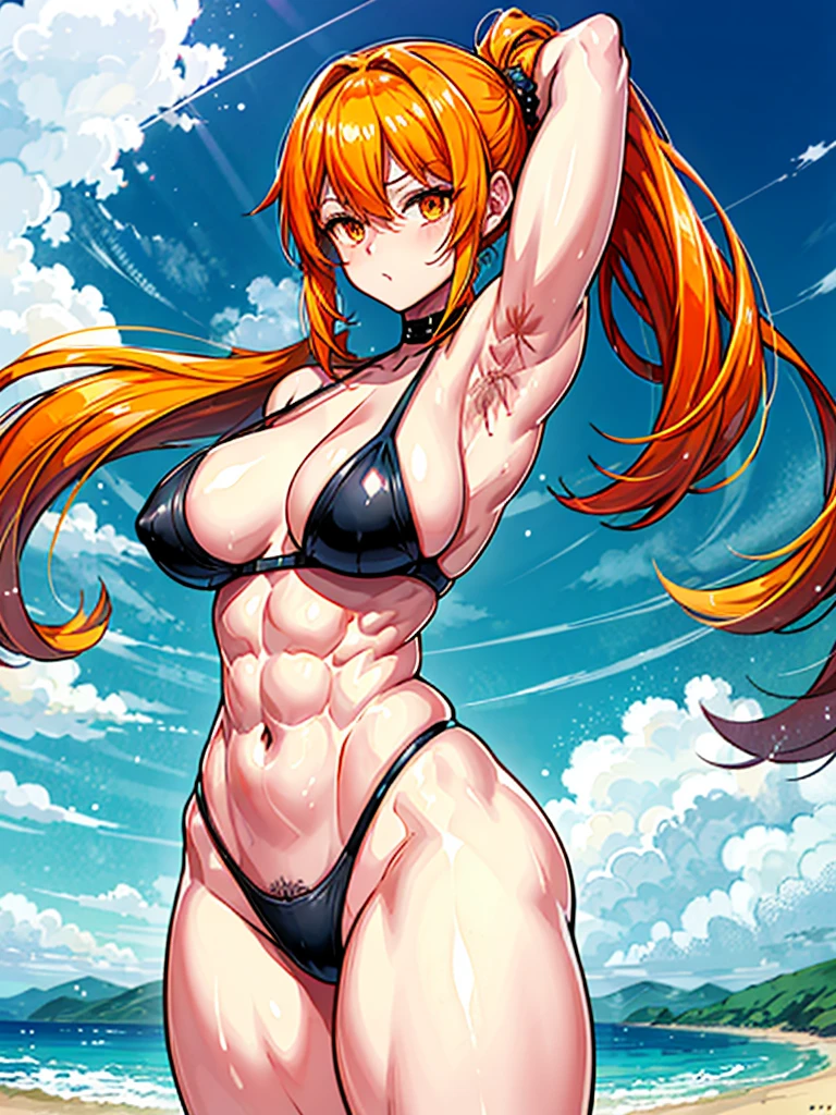 （（（masterpiece、Highest image quality、highest quality、highly detailed unity 8ｋwallpaper）））、（（Illustration of one girl））、（（（beautiful girl）））、（（orange hair、side ponytail、sidelocks：1.4、orange eyes））、（（（stocky build：1.5, thickset physique：1.6, muscular legs, broad shoulders, solid chest：1.5）））、（（（orange hairy armpits：1.4）））、(armpit hair:1.4)、swimsuit、sandy beach