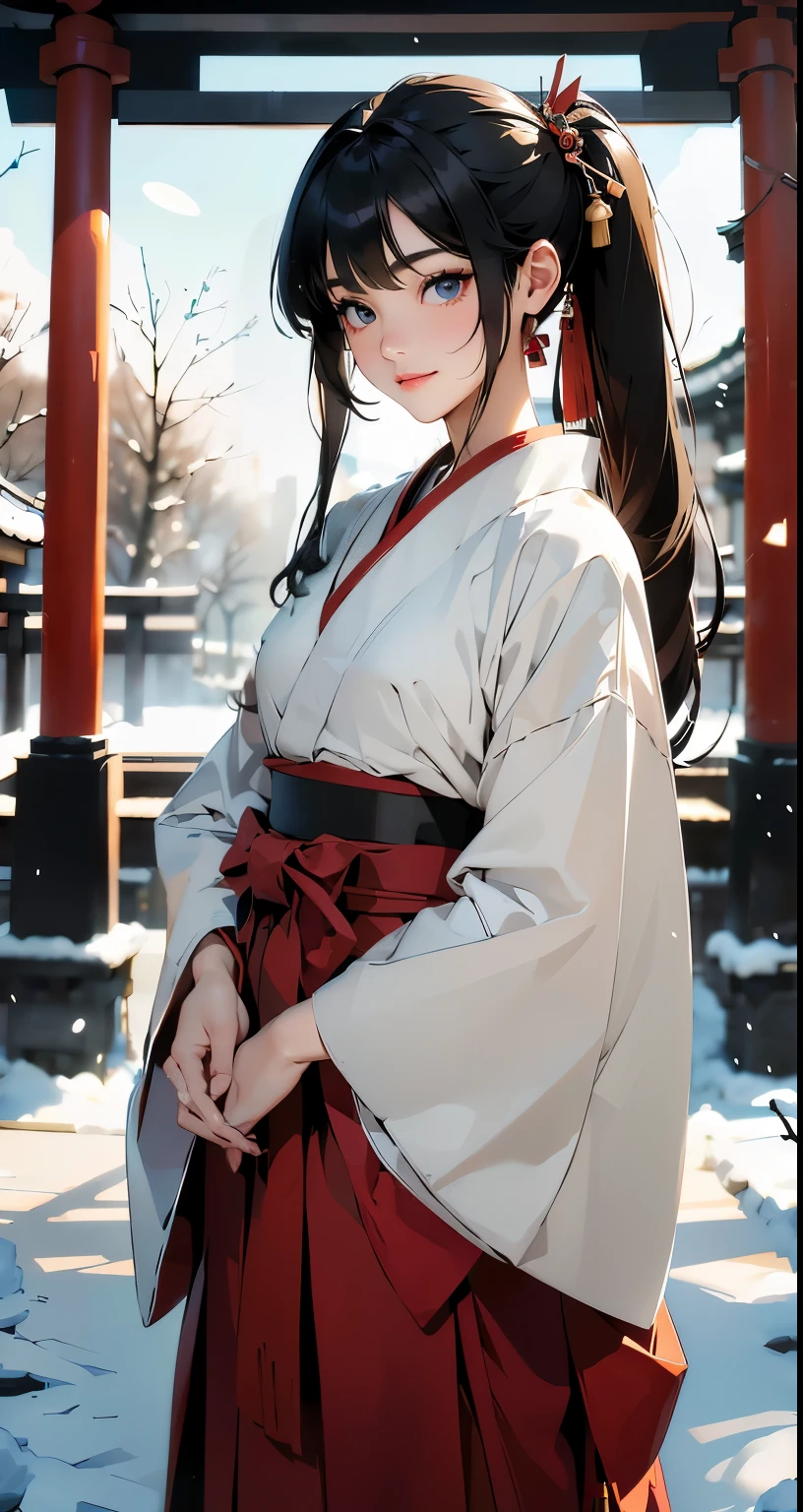 masterpiece、High resolution 8K、NSFW、sharp focus、contrast lighting、fine skin、 highest quality、ultra high resolution、ultra high resolution、Detailed CG、it&#39;s snowing、Former shrine of Japan、temple、Landscape with shrine torii gate、Low - Angle、full body shot、Beautiful woman、beautiful eyes、(detailed face and iace:1 2)、narrow eyes、almond eye、brown eyes、gradation eyes、highlight:1.2)、(beautiful black hair、middle、asymmetrical bangs、down fade、twin tails、hair ornaments)、(White and red priestess costume、japanese shrine maiden costume、white clothes、Crimson hakama)、(plump lips、glossy lips、small chest size) 、(oval face : 1.4)、(thin fingered arms、detailed human hand)、half-open smile、teeth visible、long shot