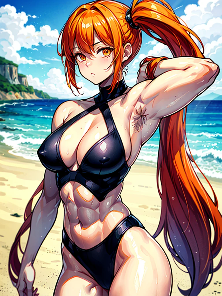 (((masterpiece、Highest image quality、highest quality、highly detailed unity 8kwallpaper)))、((Illustration of one girl))、(((beautiful girl)))、((orange hair、side ponytail、sidelocks:1.4、orange eyes))、(((stocky build:1.5, thickset physique:1.6, muscular legs, broad shoulders, solid chest:1.5)))、(((orange hairy armpits:1.4)))、(armpit hair:1.4)、swimsuit、sandy beach