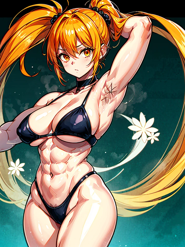 (((masterpiece、Highest image quality、highest quality、highly detailed unity 8kwallpaper)))、((Illustration of one girl))、(((beautiful girl)))、((orange hair、side ponytail、sidelocks:1.4、orange eyes))、(((stocky build:1.5, thickset physique:1.6, muscular legs, broad shoulders, solid chest:1.5)))、(((orange hairy armpits:1.4)))、(armpit hair:1.4)、swimsuit、sandy beach